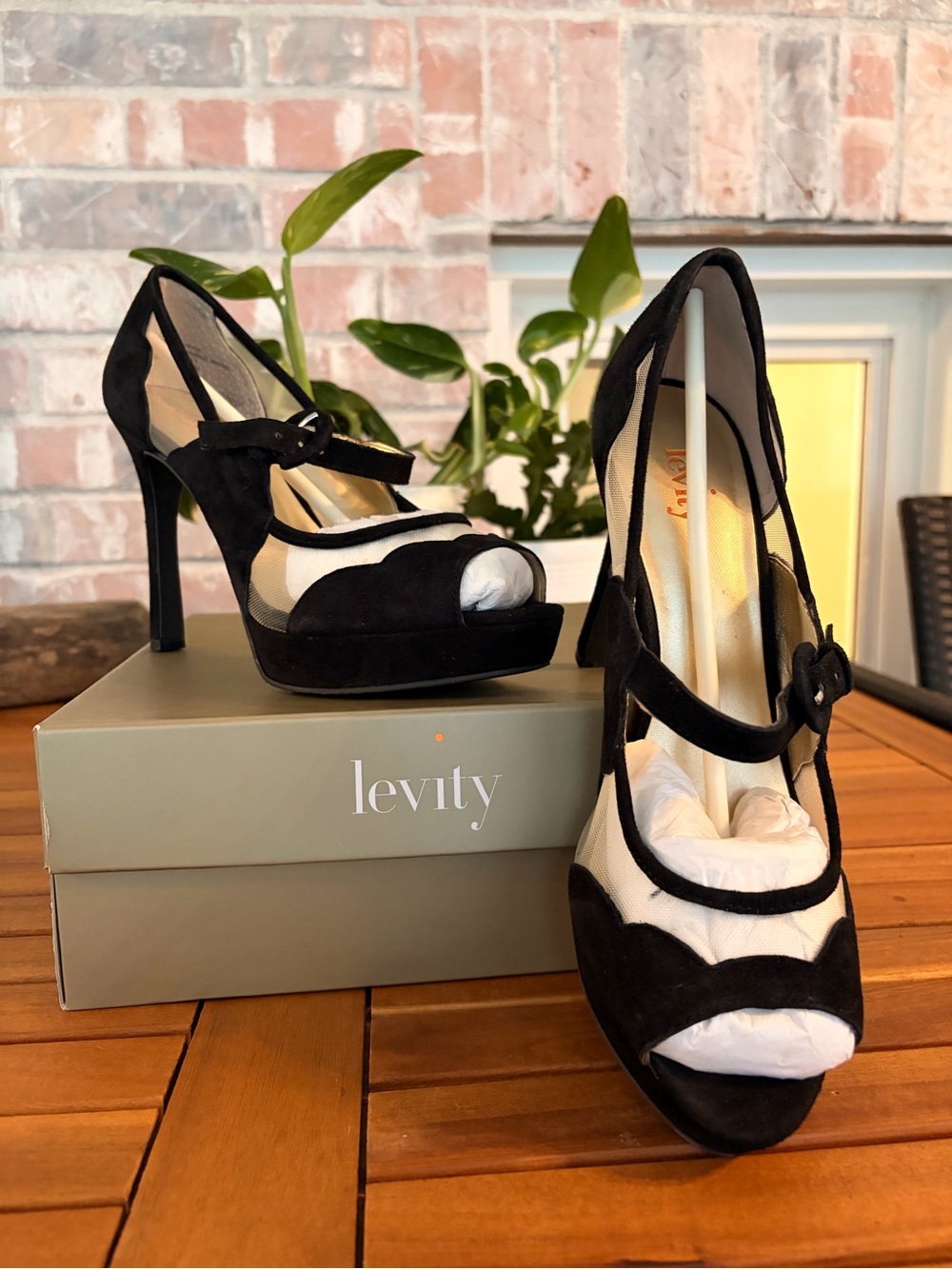 levity Black Suede Peep-Toe Mary Jane Platform Heels